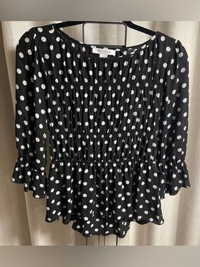 White House Black Market Black & White Polka Dot Smocked Peplum Blouse